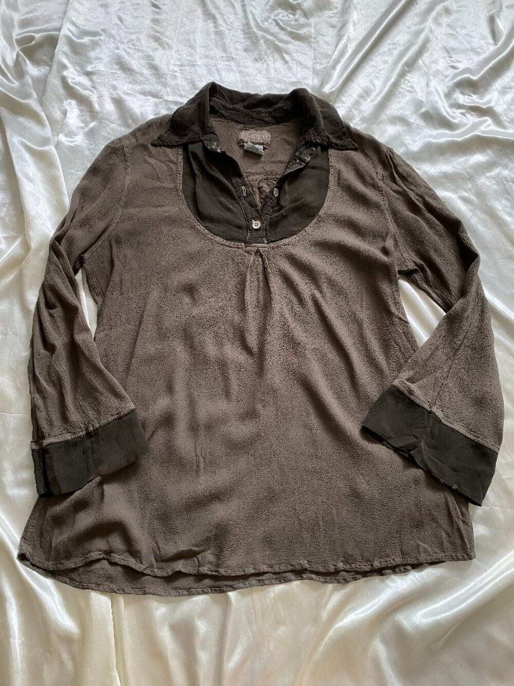 Vintage 1990s GHOST London Brown Collared Bell Sleeve Blouse Boho Small *read*